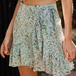 Lulu’s Mint Green Floral Print Wrap Mini Skirt